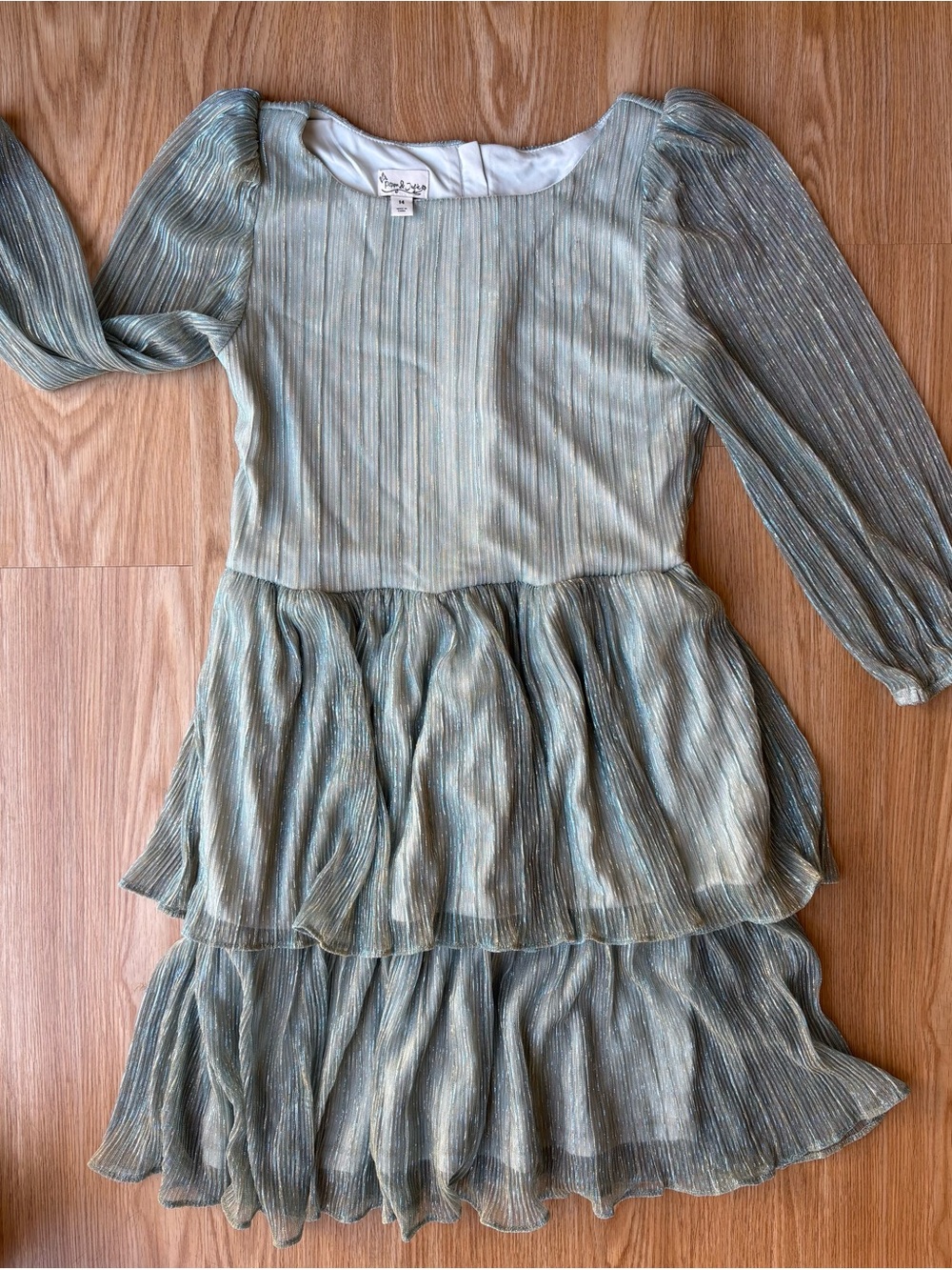 Puppy & Julie Kids Sage Green Metallic Tiered Dress